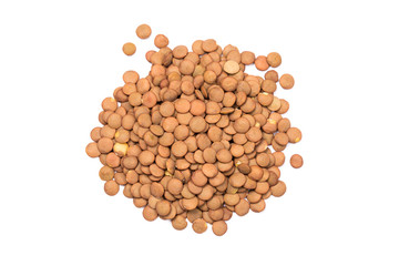 Isolated stack of uncooked lentils on white background from above.