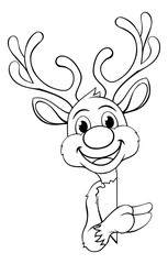 Christmas reindeer cartoon character peeking around a sign and pointing at it