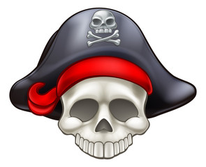 Pirate Jolly Roger skull wearing a captains hat