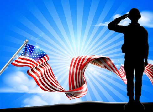 A soldier saluting with an American flag ribbon background