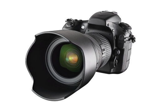 Black professional DSLR camera isolated