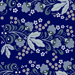 Seamless floral pattern in folk painting style, flowers, leaves and berries on a bluebackground