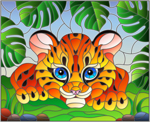 Illustration in stained glass style with baby leopard on the hunt, animal on the background of tropical leaves