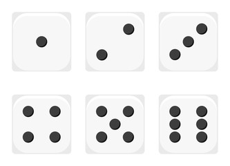 Vector illustration of white 1-6 dices icon set. Sex casino dices sign - 1, 2, 3, 4, 5, 6 isolated on white background.
