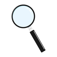 Flat style black metal magnifying glass icon, Search loupe with black handle isolated on white background.