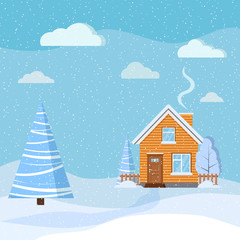 Obraz na płótnie Canvas Winter beautiful snowy landscape with country rural wooden house, spruce, clouds, snow in cartoon style.