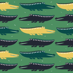 Crocodiles, hand drawn backdrop. Colorful seamless pattern with animals. Decorative cute wallpaper, good for printing. Overlapping background vector. Design illustration