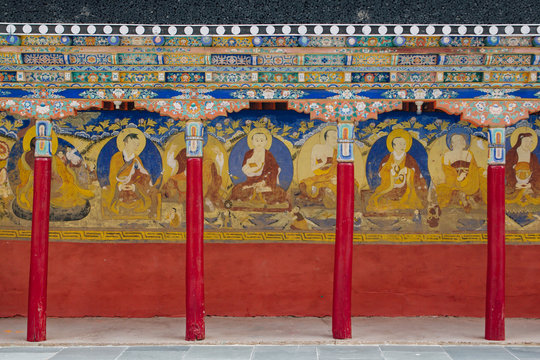 Mural paintings in The Thiksey Monastery in Leh-Ladakh, India.