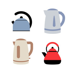 Electric and gas kettles. Flat style teapots. Cookware collection. Metal and plastic samples. Color illustration set. Vector icons. Mockup