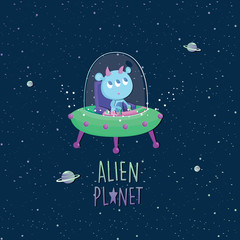 Vector illustration alien in UFO with galaxy background.