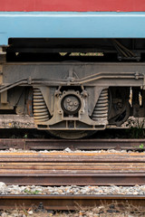 Fototapeta na wymiar details of railway locomotive or train engine, rail transport vehicle provides motive power for train