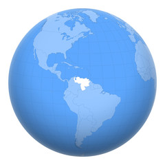 Venezuela on the globe. Earth centered at the location of the Bolivarian Republic of Venezuela. Map of Venezuela. Includes layer with capital cities.