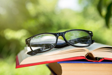 Open book and eyeglasses on a wooden table in a garden. Sunny summer day, reading in a vacation concept