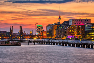 Beautiful sunset at the river Spree in Berlin, Germany