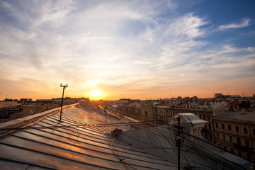 Beautiful sunset top view panorama of Saint Petersburg landscapes, amazing St. Petersburg view from the roof with copy space