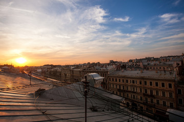 Beautiful sunset top view panorama of Saint Petersburg landscapes, amazing St. Petersburg view from the roof with copy space