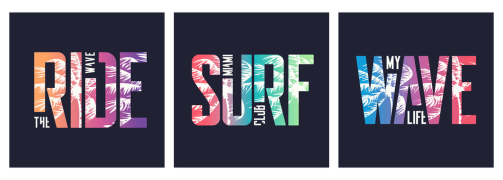 Collection of three vector graphic t-shirt designs, typography, prints on the topic of sufing