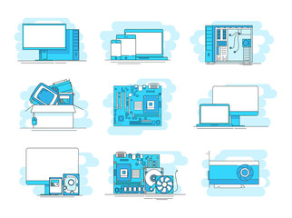 Modern linear pictogram of computer components. Set of concept line icons computer components. Computer hardware parts. For web design, applications, mobile interface, infographics and print design