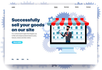Web page flat design template for the seller. Business landing page online successfully sell your goods on our site. Modern vector illustration concept for website and mobile website development