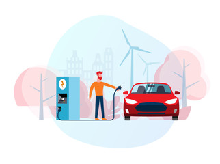 Flat cartoon vector illustration of a man recharging a red electric car at a charging station in front of windmills. Green vehicle. Fueling cars. Ecologically clean transport. Environment protection