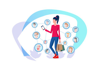 Digital marketing. Social marketing. Online shopping. Marketing technology. Social media. Flat illustration of a fashionable girl with shopping sharing information via smartphone on social networks