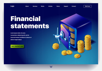 Website providing the service of financial statements. Concept of a landing page for analysis and statistic financial statements. Vector website template with 3d isometric illustration safe with money