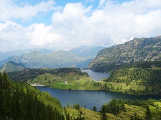 The "Laghi Lakes", in the Orobie Alps: A small valley with pastures, woods and lakes Among the Italian Mountains, near the town of Bergamo - August 2019.