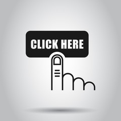 Click here icon in flat style. Finger cursor vector illustration on isolated background. Click button business concept.