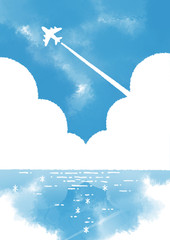 青空を飛ぶ飛行機　可愛い手描き水彩風