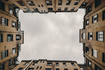 A fisheye view of the City roofs with copy space, urban frame, saint Petersburg, Russia