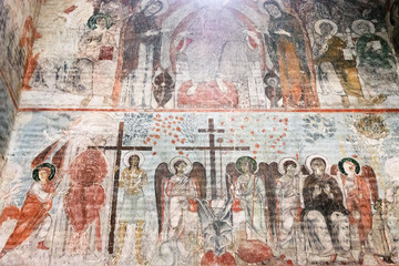 Timotesubani, Georgia-May,04 2019: Interior Church Assumption Blessed Virgin Mary in Timotesubani male Monastery. Painted in years 1205-1215, one of most difficult painting