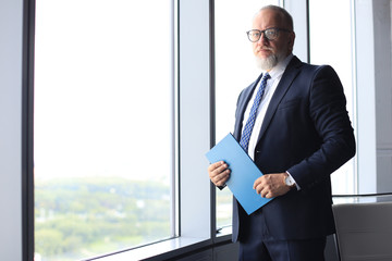 Thoughtful mature business man in full suit looking away while standing near the window.