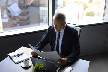 Serious mature business man in formalwear reading contract while sitting at the desk in the office.
