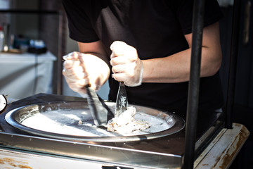 fried ice cream rolls at freeze pan