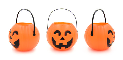 Halloween props cute plastic pumpkin head basket toy close-up on a white background