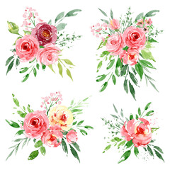 Watercolor flower set, collection bouquets. Floral clip art. Perfectly for print on wedding invitation, greeting card, wall art, stickers and other. Isolated on white background. Hand paint design. 