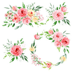 Watercolor flower set, wreath, bouquets. Floral clip art. Perfectly for print on wedding invitation, greeting card, wall art, stickers and other. Isolated on white background. Hand paint design. 