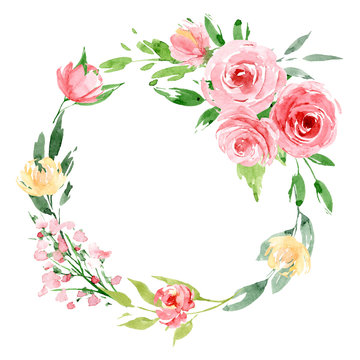 Wreath, floral frame, watercolor flowers pink roses, Illustration hand painted. Isolated on white background. Perfectly for greeting card design. 