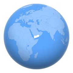 Yemen on the globe. Earth centered at the location of the Republic of Yemen. Map of Yemen. Includes layer with capital cities.