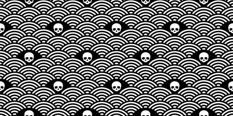 skull Halloween seamless pattern vector japan wave pirate bone scarf isolated repeat wallpaper tile background cartoon doodle illustration design