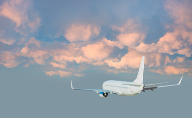 Naklejka na ściany i meble Airplane flying above tropical sea at sunset