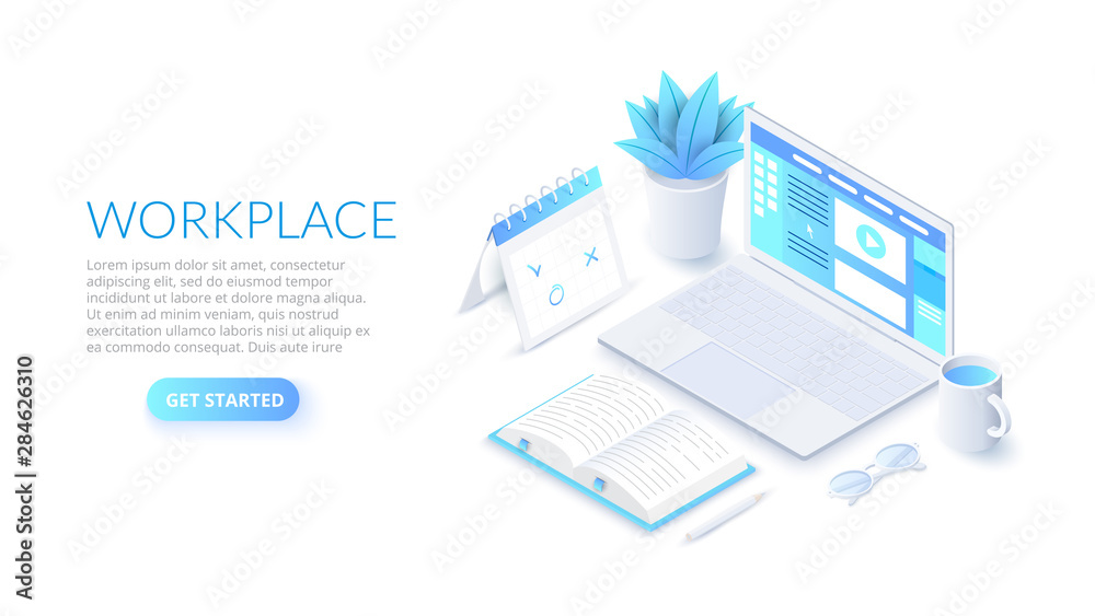 Wall mural isometric workplace illustration with laptop. landing page template