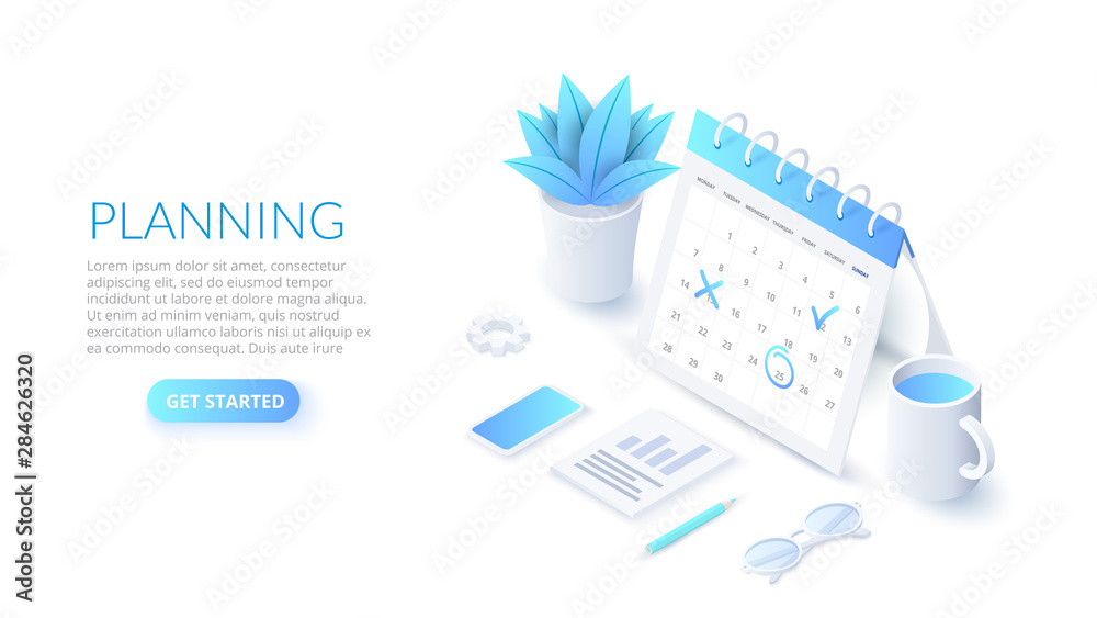 Poster isometric planning schedule and calendar concept. time management concept. illustration for web bann
