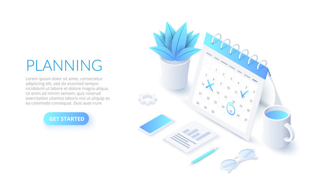 Isometric planning schedule and calendar concept. Time management concept. Illustration for web banner layout template.