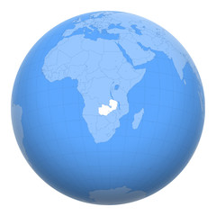 Zambia on the globe. Earth centered at the location of the Republic of Zambia. Map of Zambia. Includes layer with capital cities.