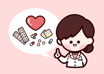 白衣の女性　ハートと薬　説明