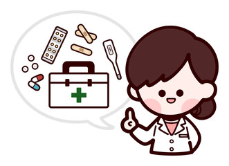 白衣の女性　救急箱の説明