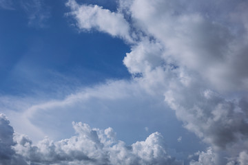 Beautiful blue and white cloudy sky background. Horizintal color photography.