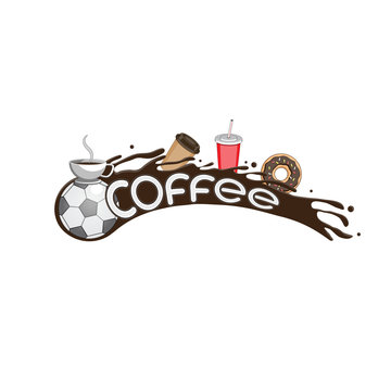 Vector image design flying soccer ball coffee liquid Cup packing doughnut letters on isolated white background.