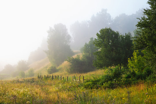 Beautiful foggy early morning countryside rural landscaep. Horizontal color photography.